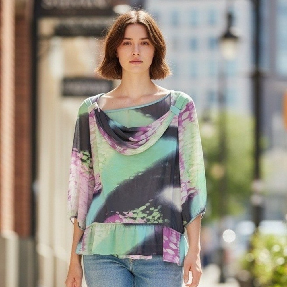 Nicola Women Green Purple Abstract Chiffon Cowl Neck Smocked Peplum Blouse M